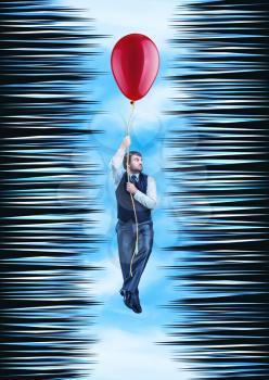 Businessman hanging on the rope with a big ballon in a thorny tunnel against sky