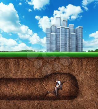 Businessman rests on the heap of soil while digging a tunnel under the buildings