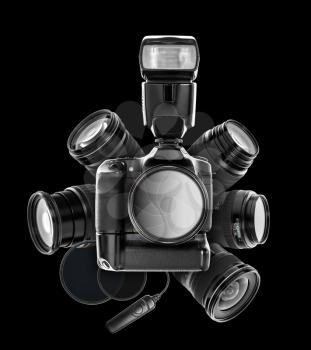 Digital camera and lenses isolated on black