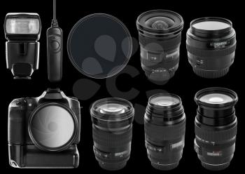Set of digital camera and lenses isolated on black