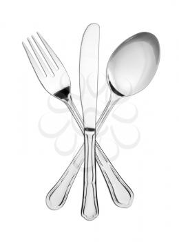 Crossed fork, spoon and knife isolated on white