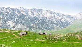 Mountain landscape and houses. National Park in mountains of Montenegro, Europe