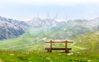Mountain landscape and bench. National Park in mountains of Montenegro, Europe