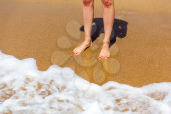 Up view of woman's bare feet on the coastline