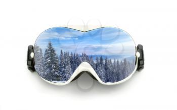Ski glasses with mountain reflection isolated on white background