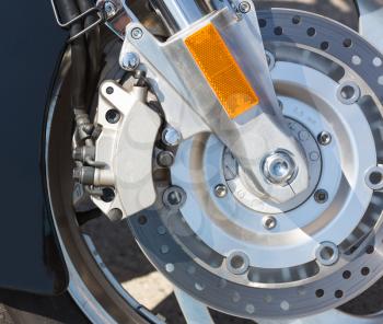 Detail of the front wheel of a motorcycle with disc brake