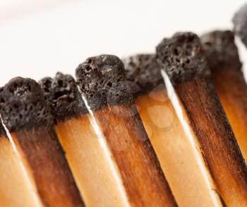Close-up view of burned wooden matches in matchbook