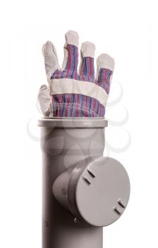Soil-pipe and building glove on white background