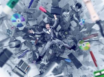 Afraid businessman is falling into office chaos abyss