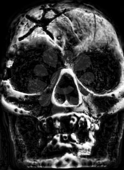 Old scary human skull in the dark
