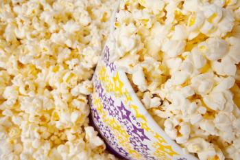 Close-up shot of popcorn in large bucket