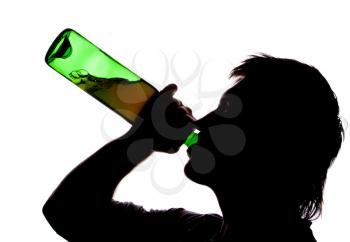 Silhouette of man drinking alcohol. Isolated on white