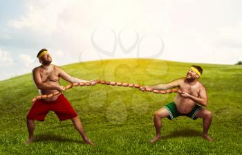 Two men fighting for sausages in the meadow