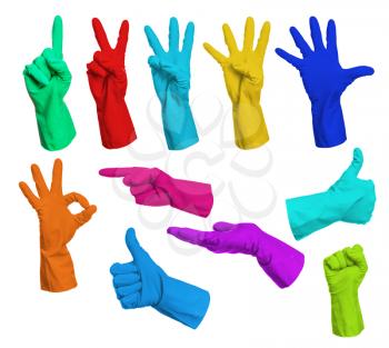 Set of colorful gloves hand signs isolated on white background