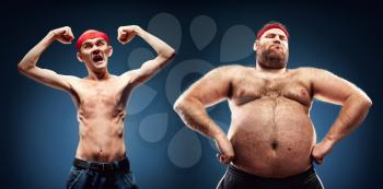 Funny team of fat and thin geeks show their muscles