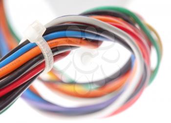 Close-up of colorful electrical cables. Isolated on white