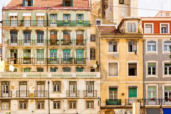 View of old european block of flats with balconies, Portugal