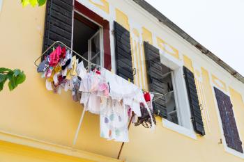 Colorful laundry drying on the narrow street of Montenegro