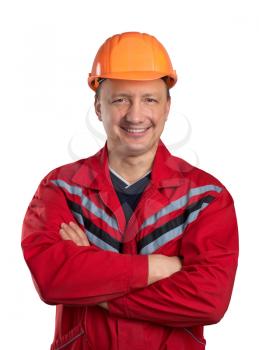 Happy builder with crossed hands isolated on white