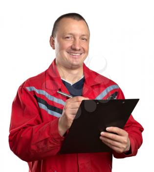 Happy service man with clipboard isolated on white