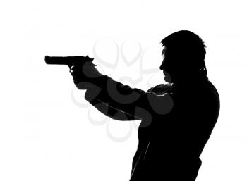 Silhouette of shooting man. Isolated on white