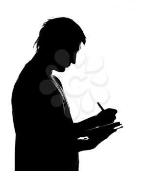 Silhouette of man writing business diary. Isolated on white