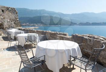 Sea view terrace of the luxury hotel of Montenegro with mountain view