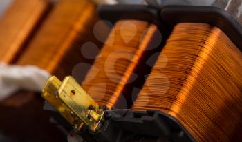 Closeup of electrical copper transformers