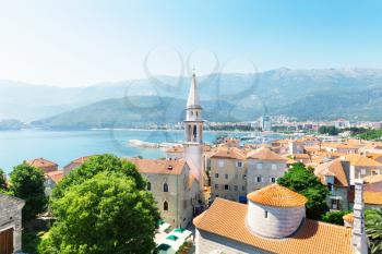 Sea view of old buildings in old town in Budva, Montenegro, Europe