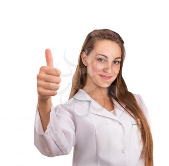 Medical woman worker shows thumb sign isolated on white