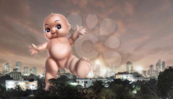 Giant baby doll goes across the town at night