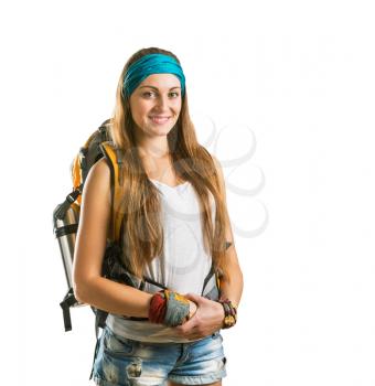 Traveler brunette woman with backpack isolated on white