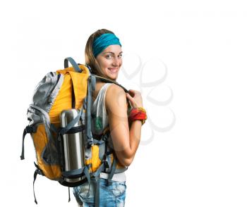 Traveler girl with backpack isolated on white