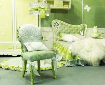Nice luxury light green bedroom with chair