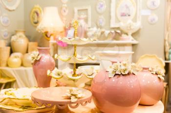 Nice ceramic vases in luxury pastel colors interior closeup picture