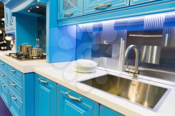 Wood blue kitchen interior design high tech style