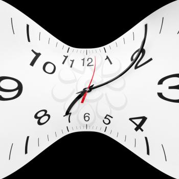 Concept of time wrap. Twisted clock face