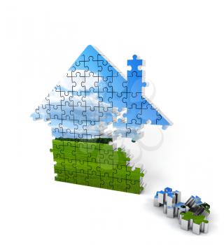 Blue and green house consisting of puzzles on white background