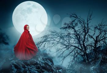 Little girl in a red gown over the moon in the night