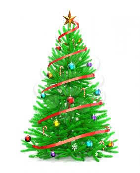 3D render of a Christmas tree with colorful ornaments isolated on white background
