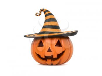 Funny Halloween pumpkin with hat on white background