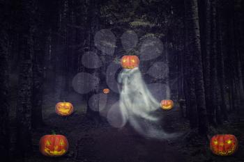 Helloween ghost with pumpkins in the night forest