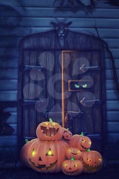 Heap of Helloween pumpkins near a haunted house wooden door