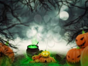 Helloween pumpkins with green poison in the night forest