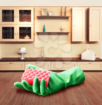 Interior of a modern room and rubber glove with sponge