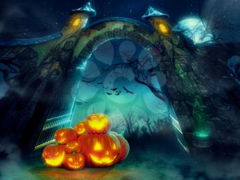 Heap of Halloween pumpkins at spooky graveyard gates