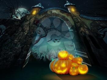 Heap of Halloween pumpkins at spooky graveyard gates at night