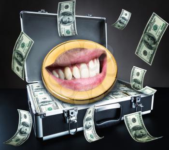 Humam mouth in the coin over case with money background
