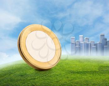 A coin on the meadow against a big town