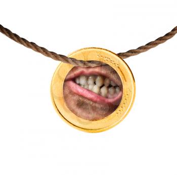 Human mouth in the coin hanging on the rope on white